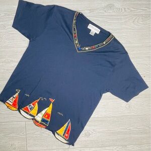 Vintage Victoria harbor short sleeve beaded sequin nautical t shirt boating lg